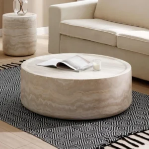 Round Coffee Table, 39.37” Tea Faux Travertine Textured Tables Fiberglass Side Tables End Table for Living Room, Apartment