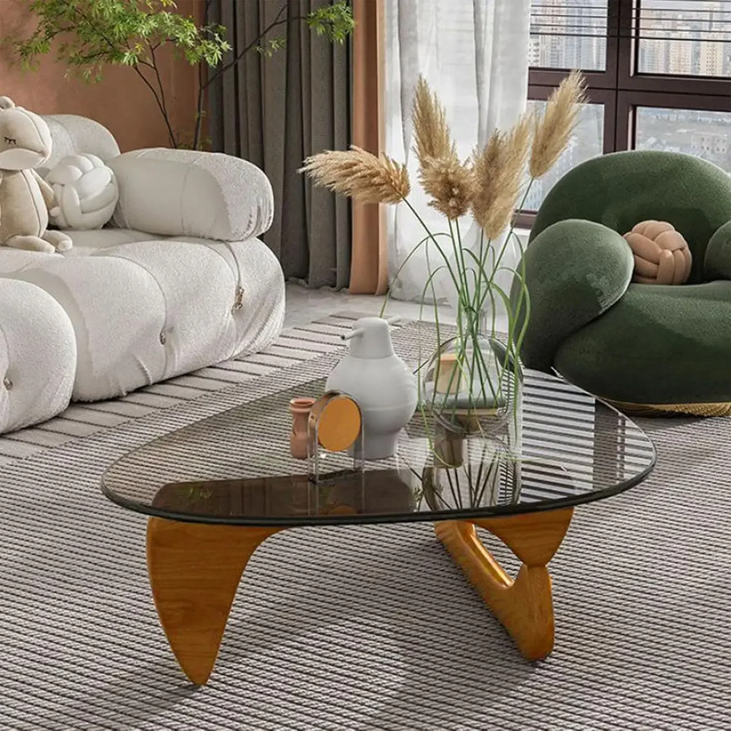 Coffee Tables for Living Room - Triangle Glass Coffee Table with Wooden Base Mid-Century Modern Abstract End Table - Image 6