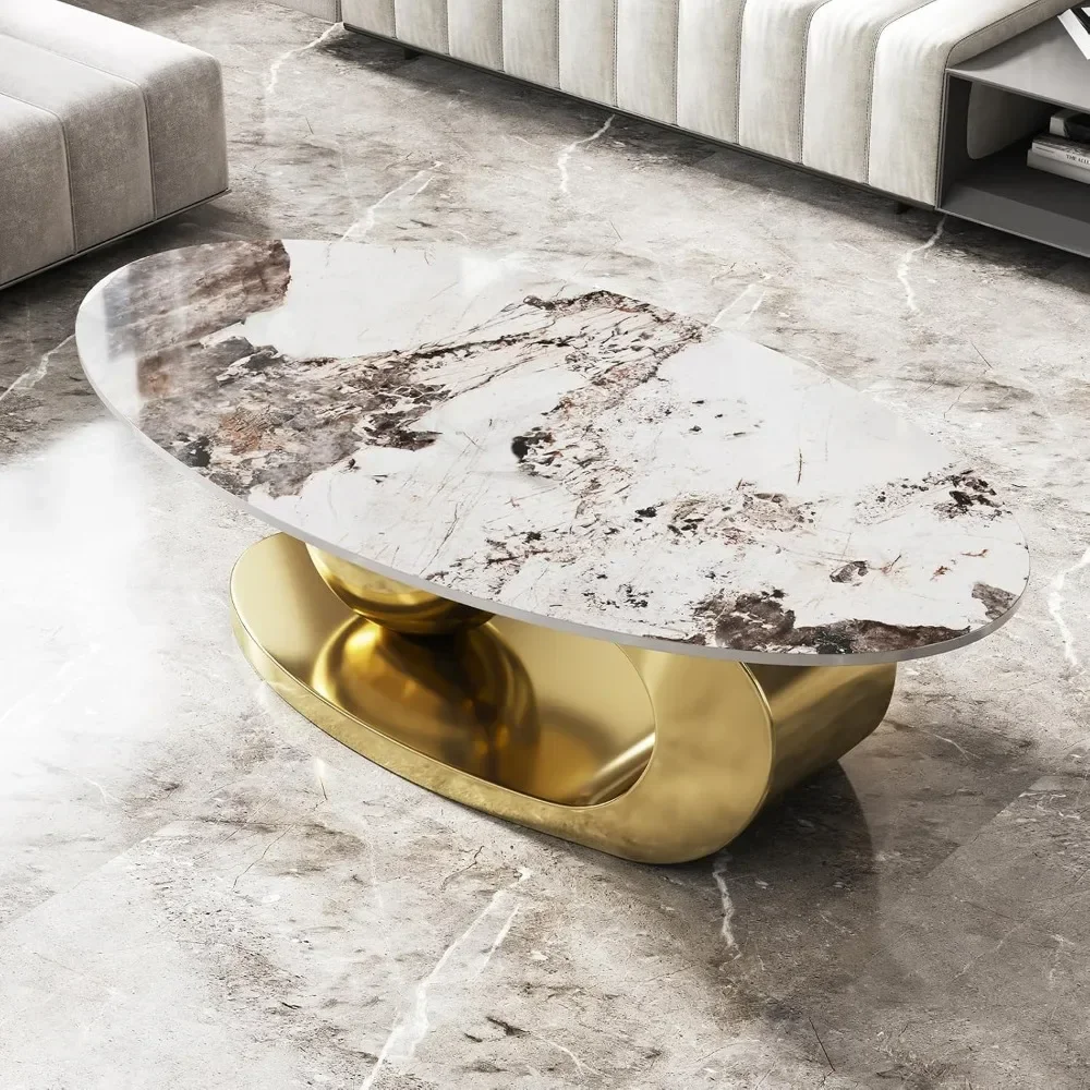 Modern Oval Stone Coffee Table with Abstract Gold Metal Base - Perfect Centerpiece for Stylish Living Rooms-Gold,51"Lx28Wx16.5H - Image 5