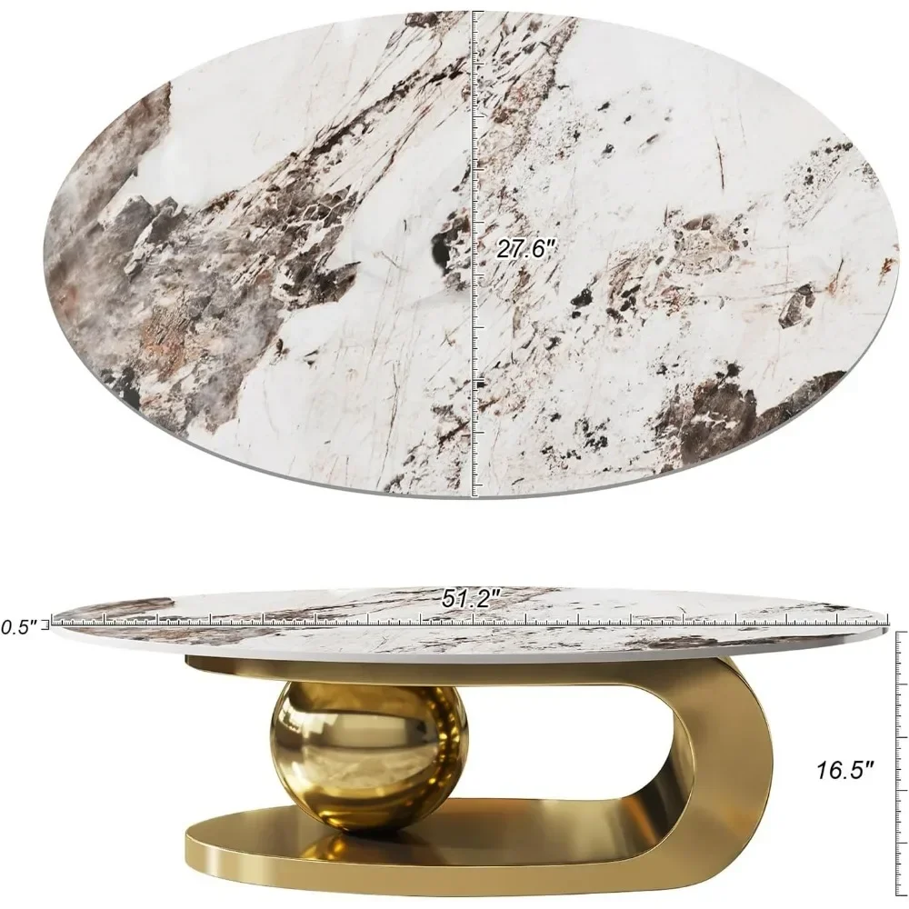 Modern Oval Stone Coffee Table with Abstract Gold Metal Base - Perfect Centerpiece for Stylish Living Rooms-Gold,51"Lx28Wx16.5H - Image 3