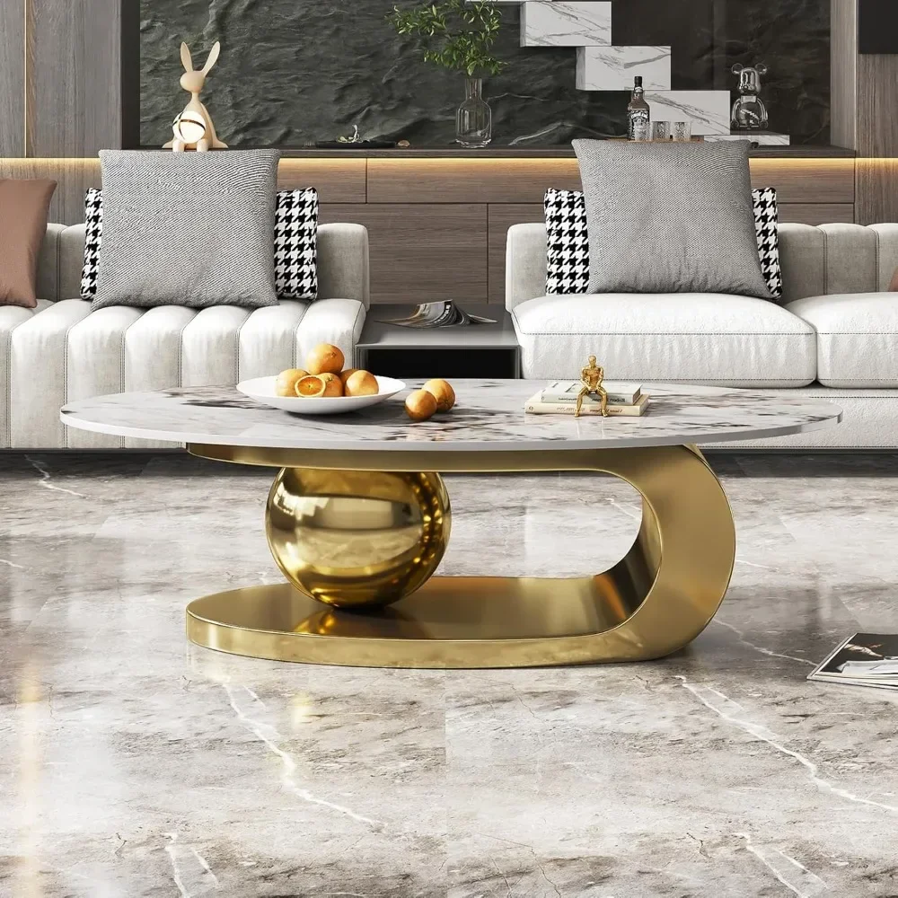 Modern Oval Stone Coffee Table with Abstract Gold Metal Base - Perfect Centerpiece for Stylish Living Rooms-Gold,51"Lx28Wx16.5H - Image 4