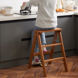 Household Solid Wood Folding Ladder Folding Chair Thickened Climbing Wooden Step Stool (Natural Wood Color)