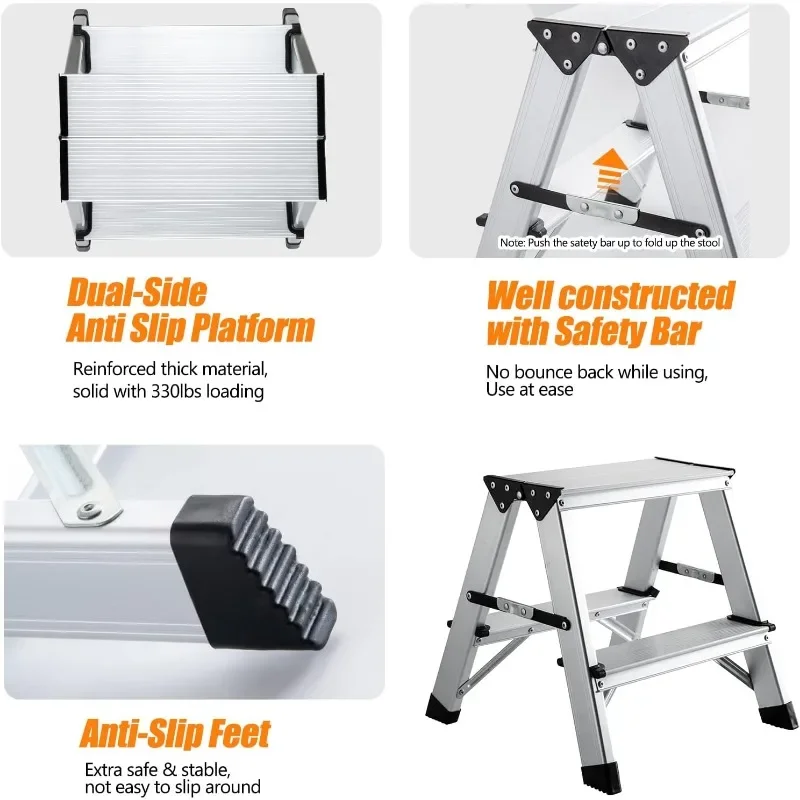 Two Step Ladder - Folding Small 2 Step Stool 330lbs with Non-Slip Feets, Aluminum Lightweight Metal Step Stool. - Image 3
