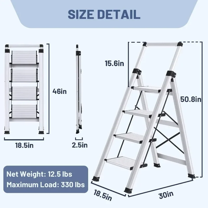 4 Step Ladder, Retractable Handgrip Folding Step Stool with Anti-Slip Wide Pedal, Aluminum Stool Ladders 4 Steps, 330lbs R - Image 5