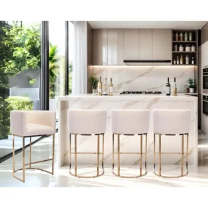 Modern Cream Counter Height Barrel Linen Fabric Upholstered Counter Stools Set of 4, 29 Inch Kitchen Island Stools with Gold Met