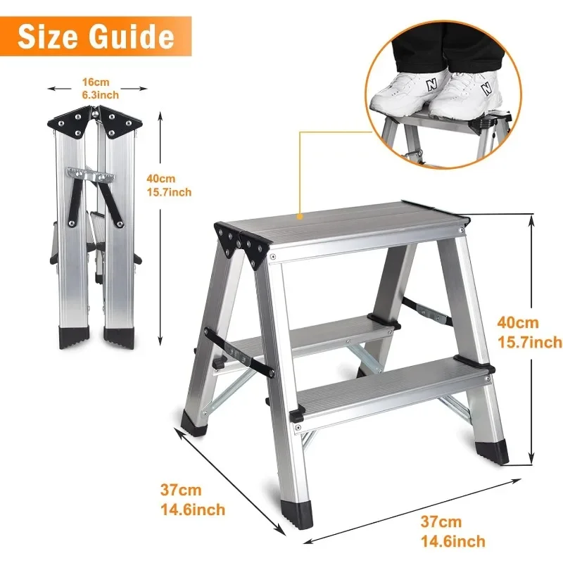 Two Step Ladder - Folding Small 2 Step Stool 330lbs with Non-Slip Feets, Aluminum Lightweight Metal Step Stool. - Image 2